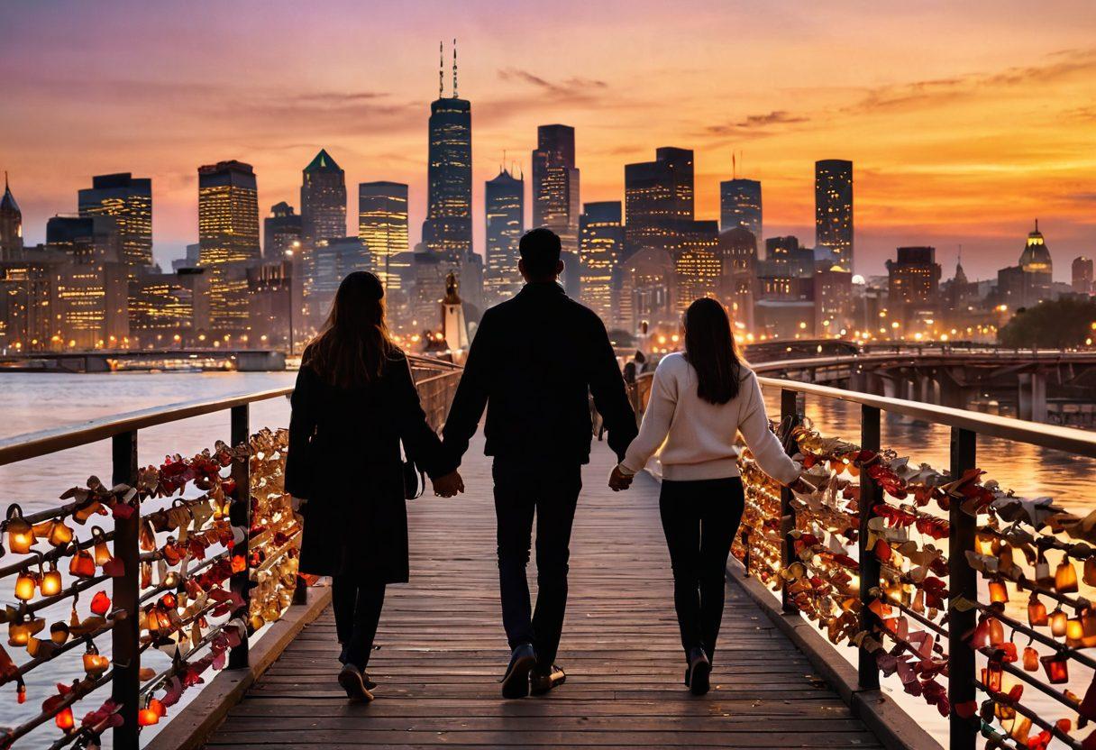 A couple from diverse cultural backgrounds, hand in hand, standing on a bridge adorned with love locks. The skyline behind them showcases iconic landmarks from both of their cultures, symbolizing their journey from dating to commitment. Flora of vibrant colors surrounds them, illustrating the beauty of their bond. Soft golden sunset light bathes the scene, creating a warm and inviting atmosphere. super-realistic. vibrant colors. romantic ambiance.