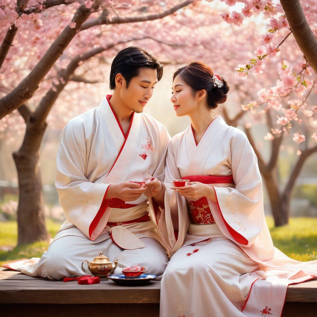 A serene scene depicting a couple from an Asian background sharing a tender moment, surrounded by cherry blossoms in full bloom, with warm sunlight filtering through the petals. Include subtle traditional elements like tea sets and lanterns in the background, symbolizing cultural depth and romance. Create an atmosphere of intimacy and connection, showcasing affection and harmony. vibrant colors. soft focus. painting.