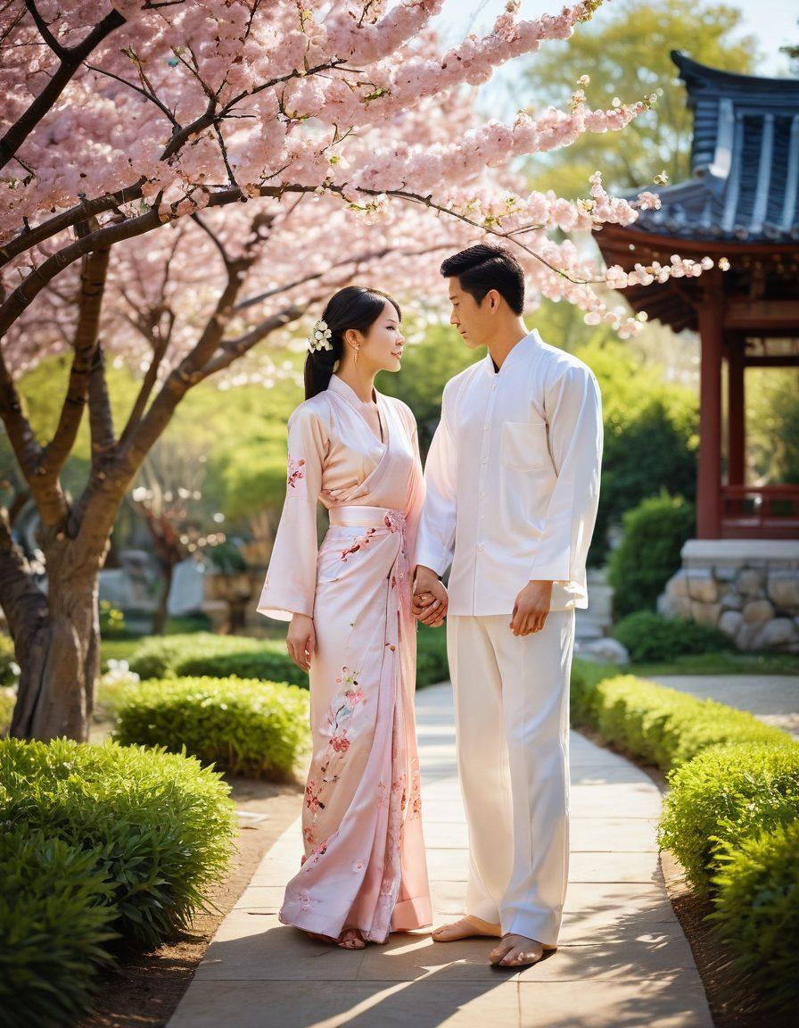 A serene couple in a lush Asian garden, holding hands amidst blooming cherry blossoms, symbolizing passionate love. Soft sunlight filters through the trees, creating an ethereal glow around them. In the background, traditional Asian architecture adds cultural depth. The scene evokes warmth, intimacy, and the beauty of relationships. super-realistic. vibrant colors. serene atmosphere.